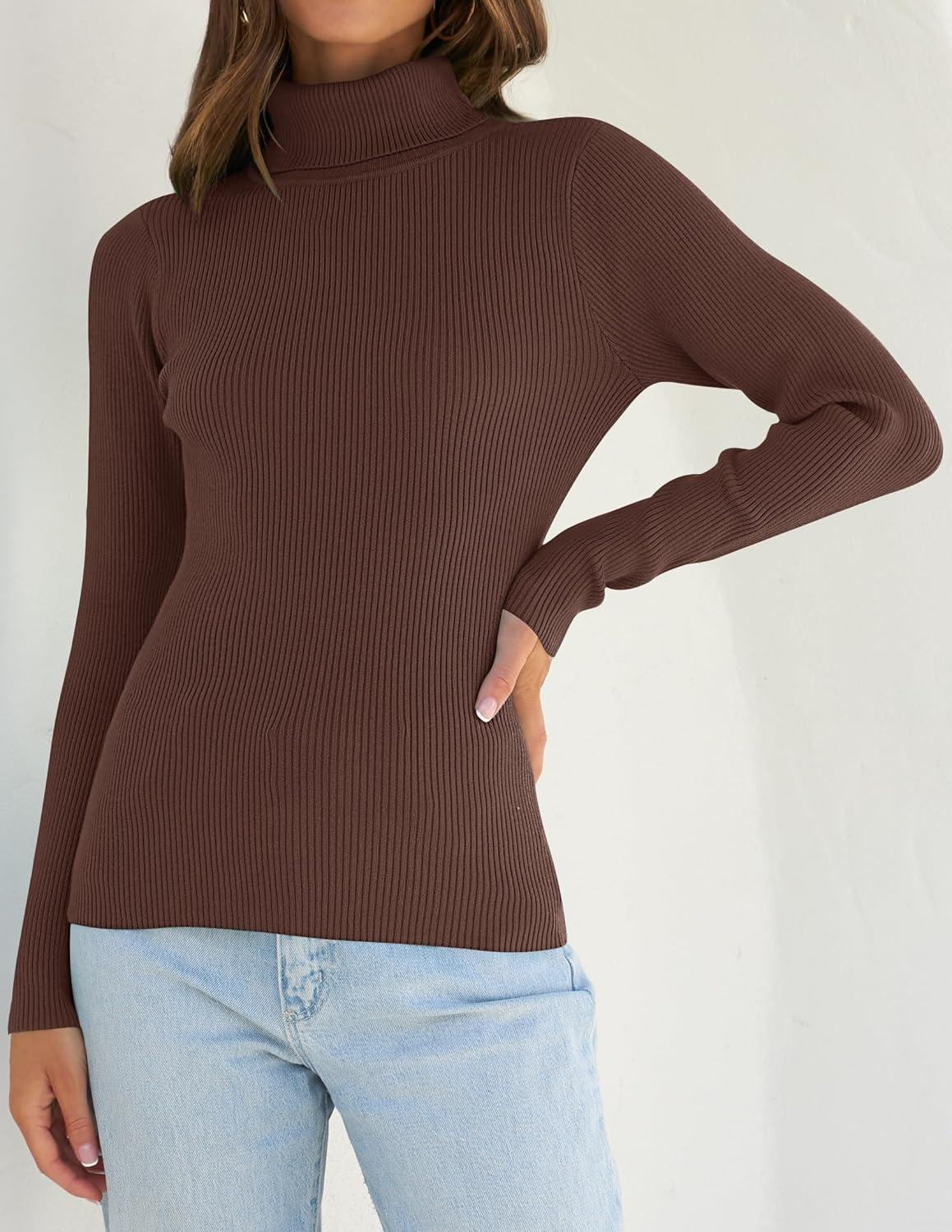 imageZESICA Womens Turtleneck Long Sleeve Shirts 2025 Fall Trendy Tops Slim Fitted Ribbed Knit Basic Casual SweaterCoffee