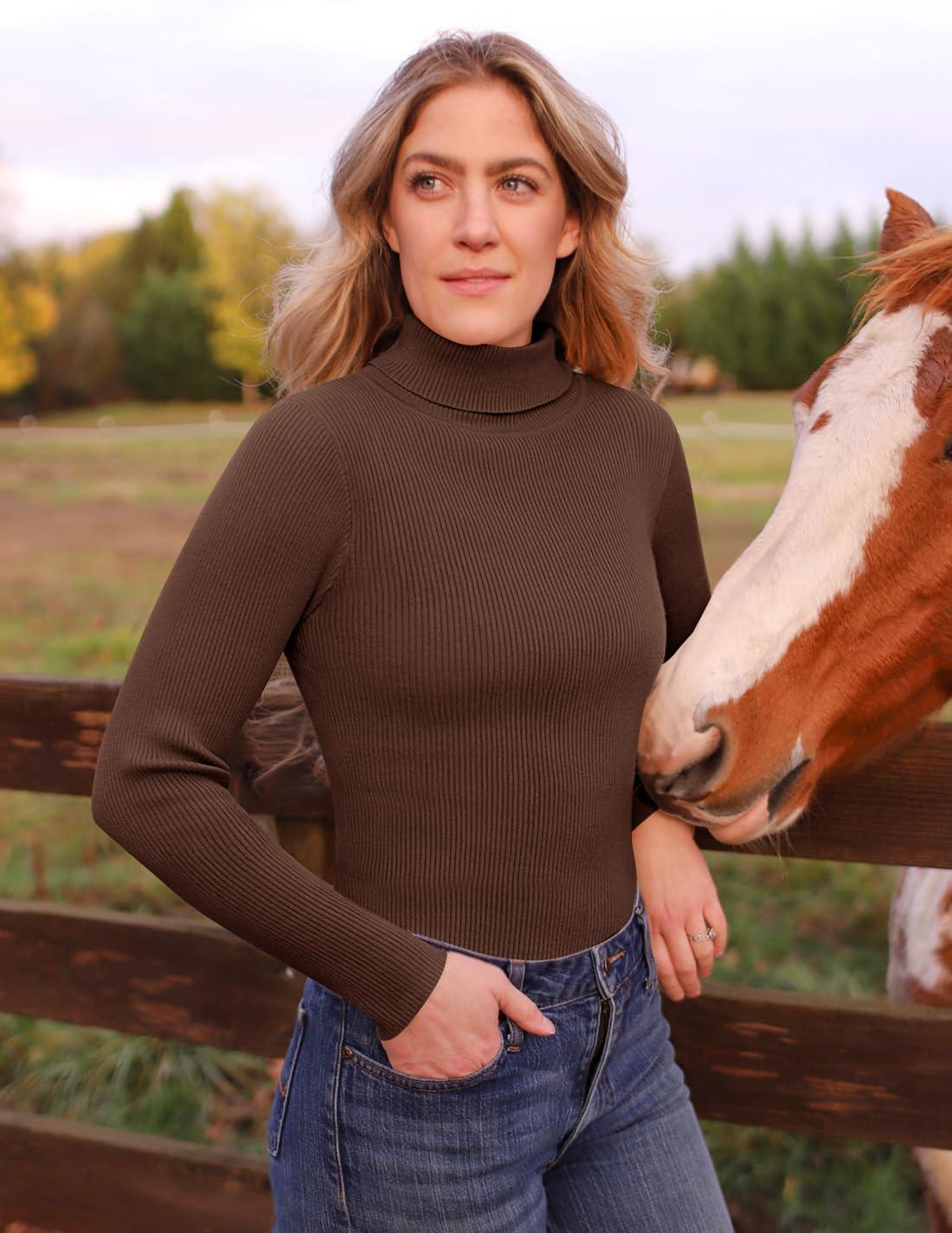 imageZESICA Womens Turtleneck Long Sleeve Shirts 2025 Fall Trendy Tops Slim Fitted Ribbed Knit Basic Casual SweaterCoffee