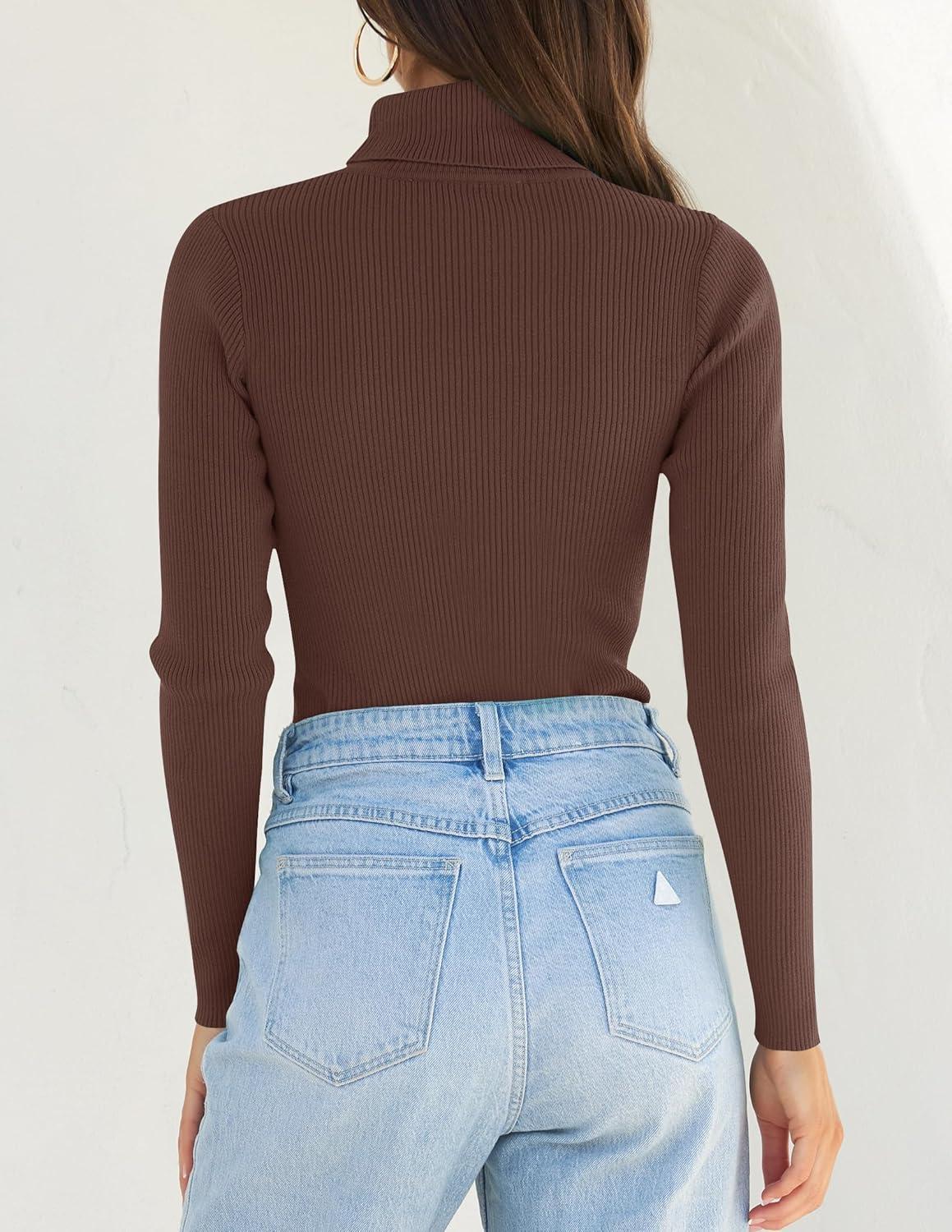imageZESICA Womens Turtleneck Long Sleeve Shirts 2025 Fall Trendy Tops Slim Fitted Ribbed Knit Basic Casual SweaterCoffee