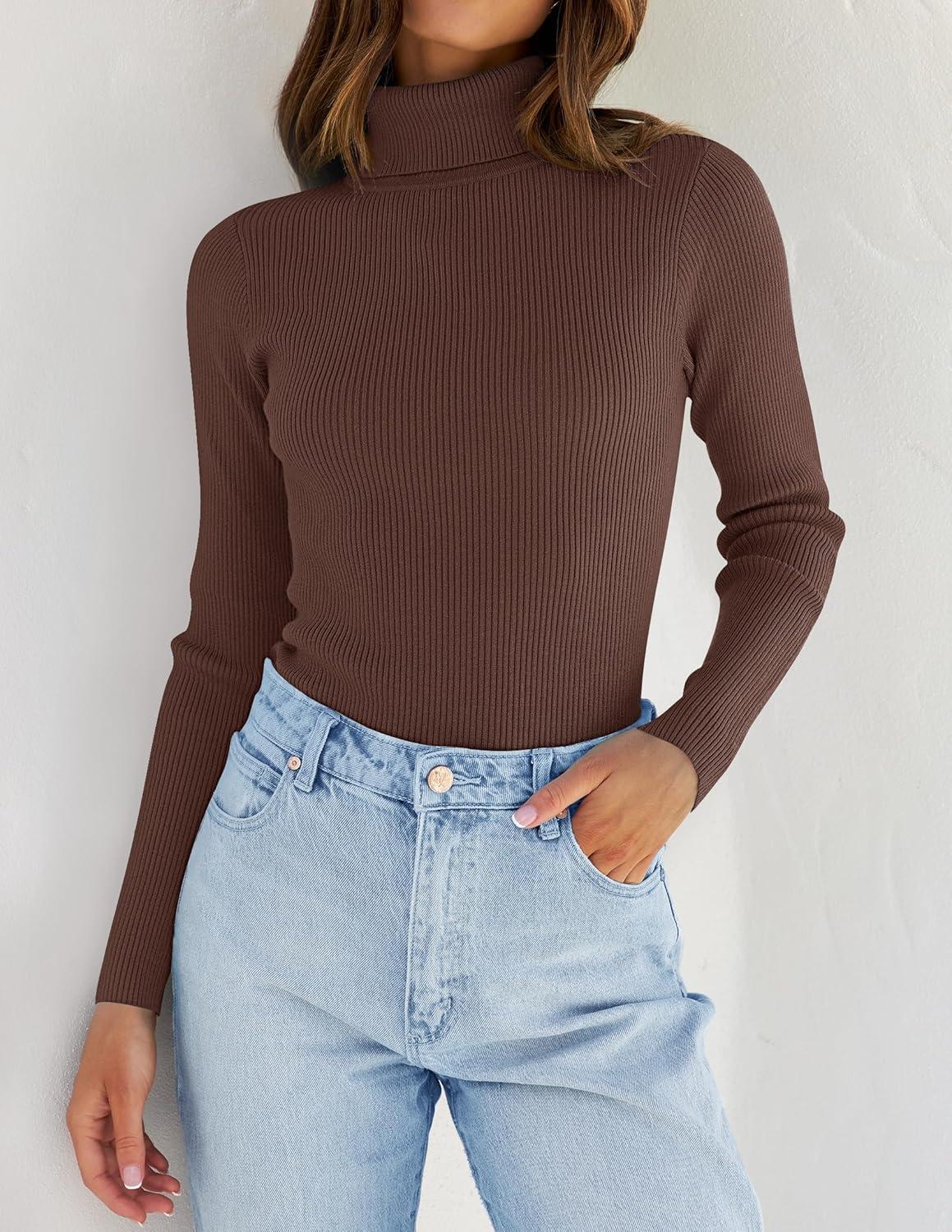 imageZESICA Womens Turtleneck Long Sleeve Shirts 2025 Fall Trendy Tops Slim Fitted Ribbed Knit Basic Casual SweaterCoffee