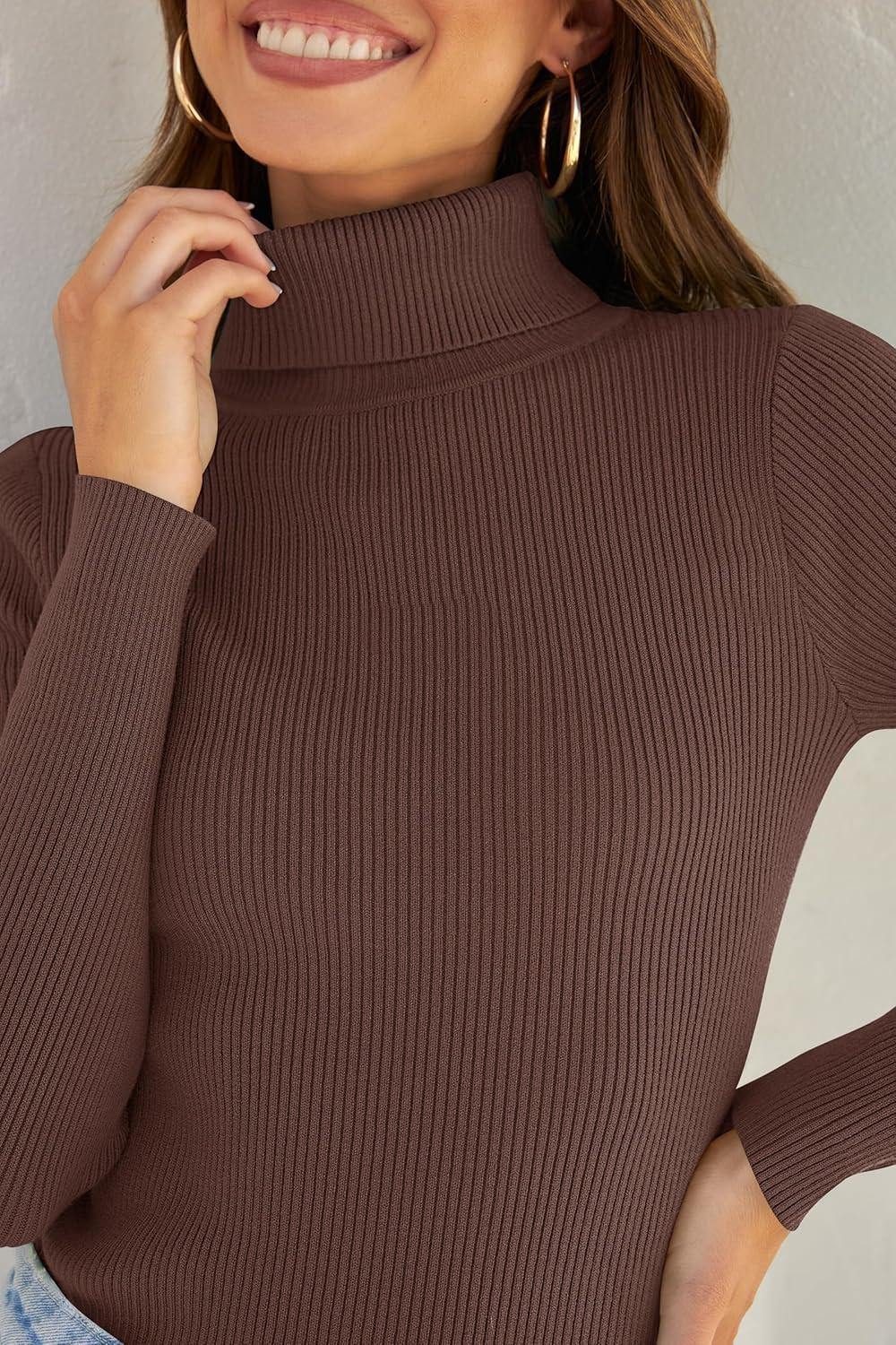 imageZESICA Womens Turtleneck Long Sleeve Shirts 2025 Fall Trendy Tops Slim Fitted Ribbed Knit Basic Casual SweaterCoffee