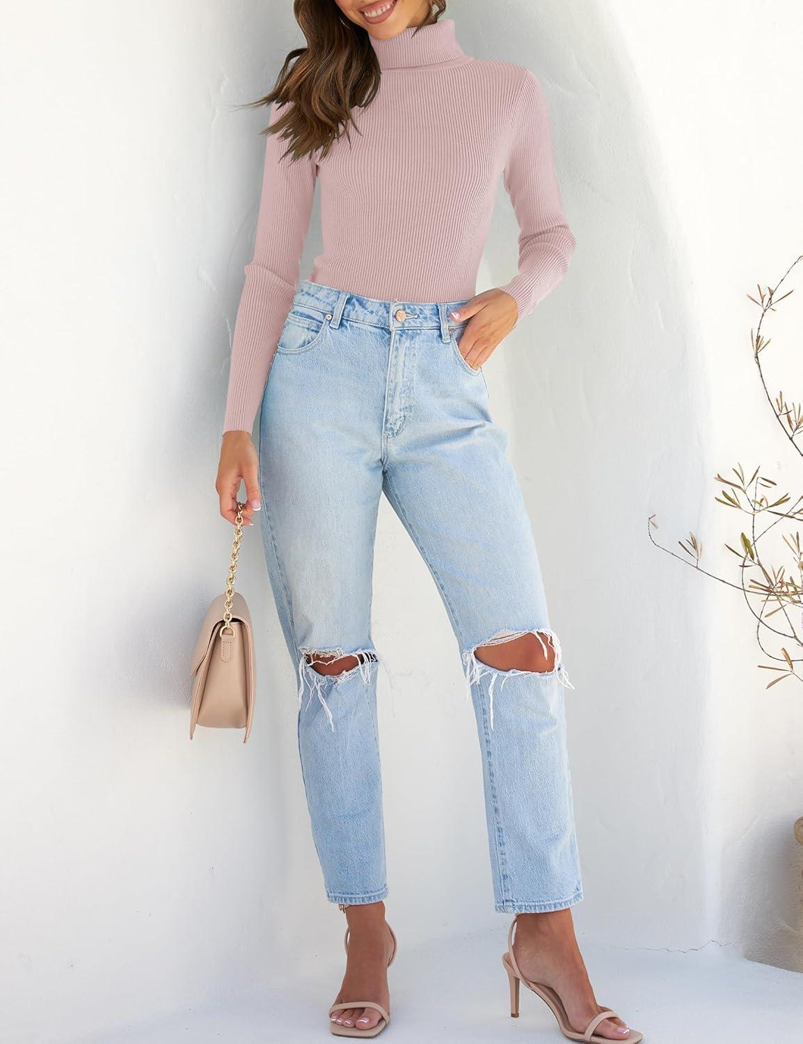 imageZESICA Womens Turtleneck Long Sleeve Shirts 2025 Fall Trendy Tops Slim Fitted Ribbed Knit Basic Casual SweaterDustypink