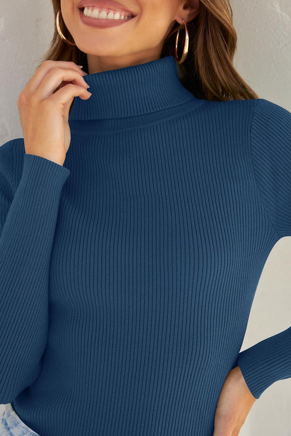 imageZESICA Womens Turtleneck Long Sleeve Shirts 2025 Fall Trendy Tops Slim Fitted Ribbed Knit Basic Casual SweaterNavy