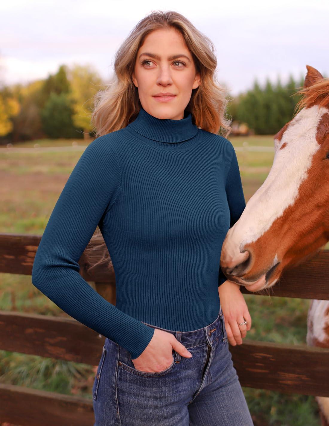 imageZESICA Womens Turtleneck Long Sleeve Shirts 2025 Fall Trendy Tops Slim Fitted Ribbed Knit Basic Casual SweaterNavy