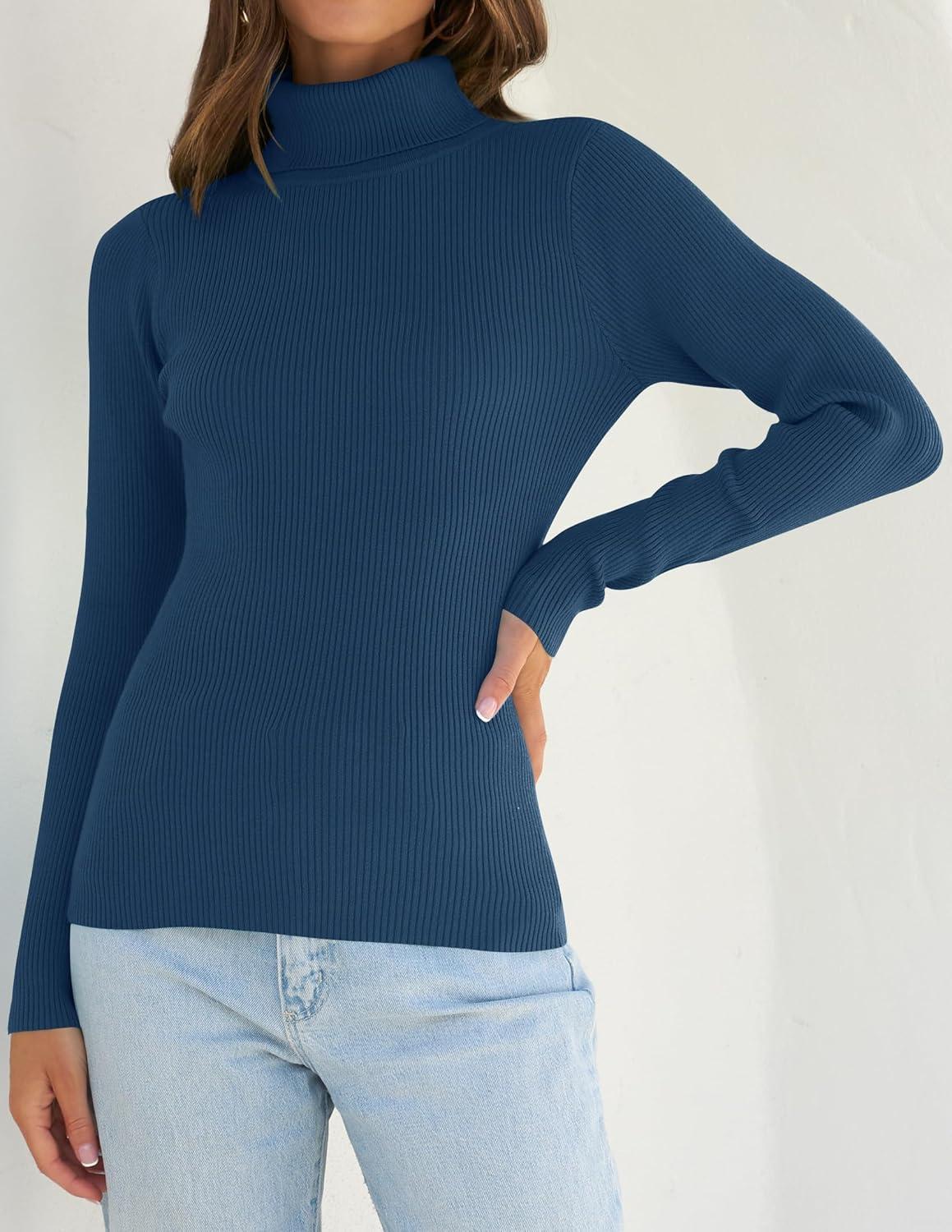 imageZESICA Womens Turtleneck Long Sleeve Shirts 2025 Fall Trendy Tops Slim Fitted Ribbed Knit Basic Casual SweaterNavy