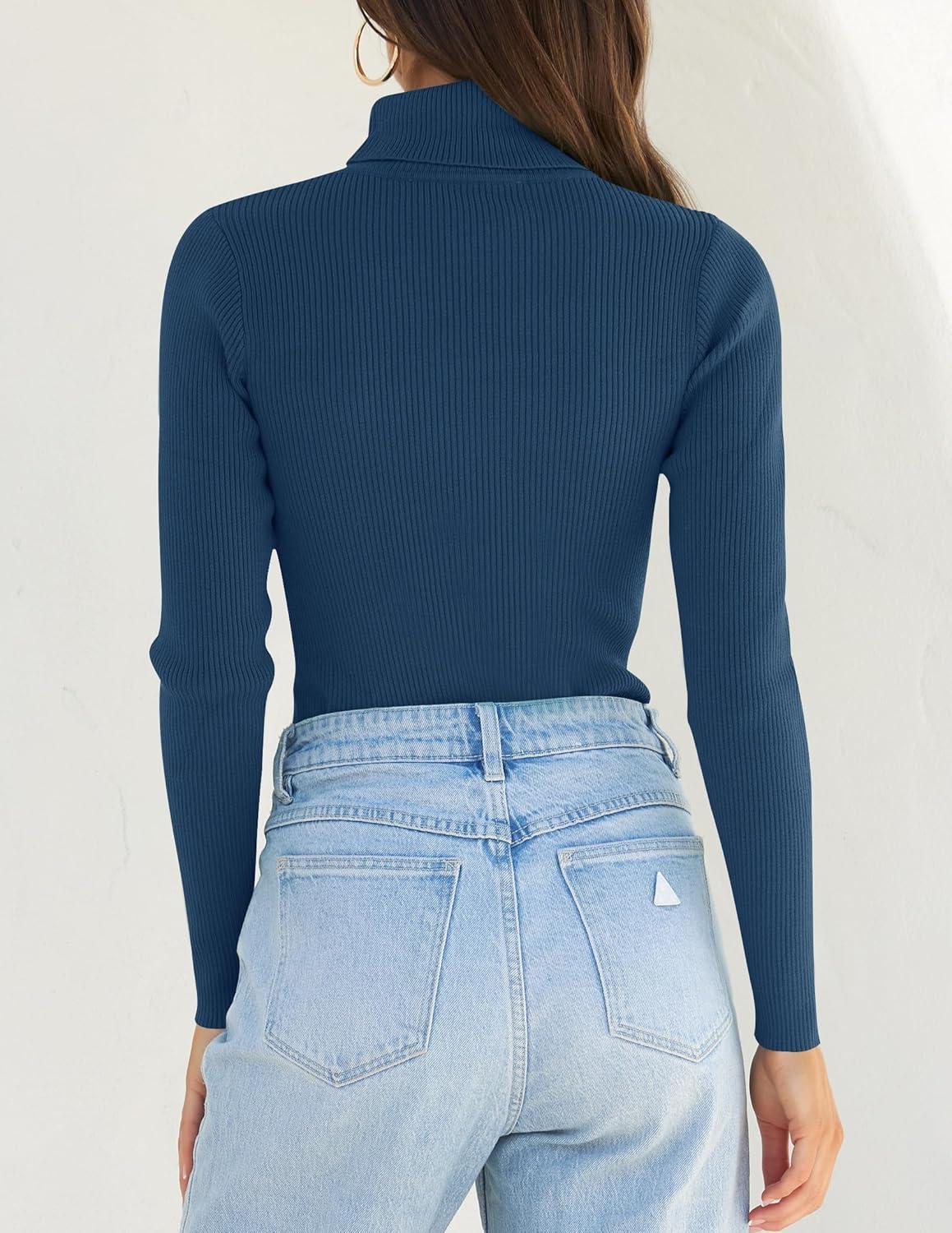 imageZESICA Womens Turtleneck Long Sleeve Shirts 2025 Fall Trendy Tops Slim Fitted Ribbed Knit Basic Casual SweaterNavy
