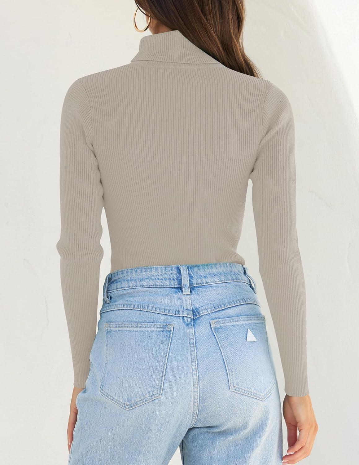 imageZESICA Womens Turtleneck Long Sleeve Shirts 2025 Fall Trendy Tops Slim Fitted Ribbed Knit Basic Casual SweaterOats