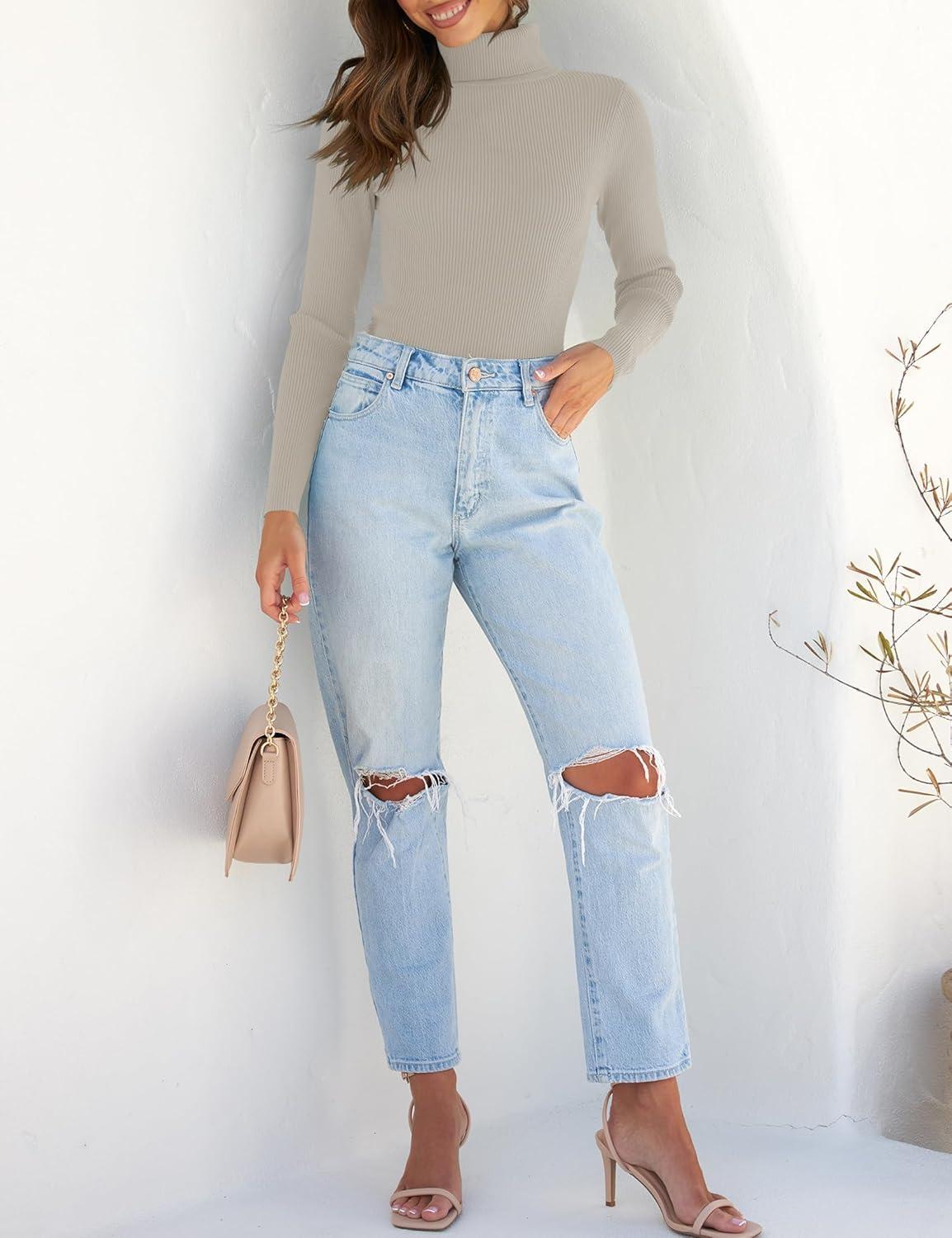 imageZESICA Womens Turtleneck Long Sleeve Shirts 2025 Fall Trendy Tops Slim Fitted Ribbed Knit Basic Casual SweaterOats