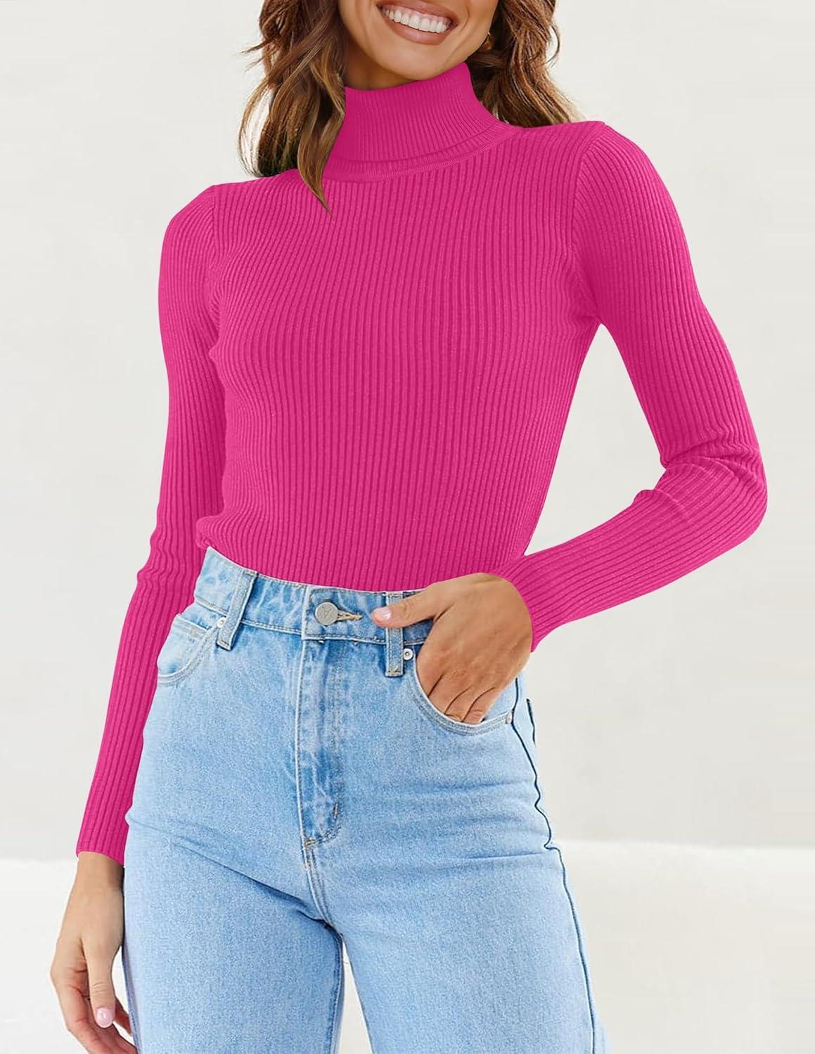imageZESICA Womens Turtleneck Long Sleeve Shirts 2025 Fall Trendy Tops Slim Fitted Ribbed Knit Basic Casual SweaterRose
