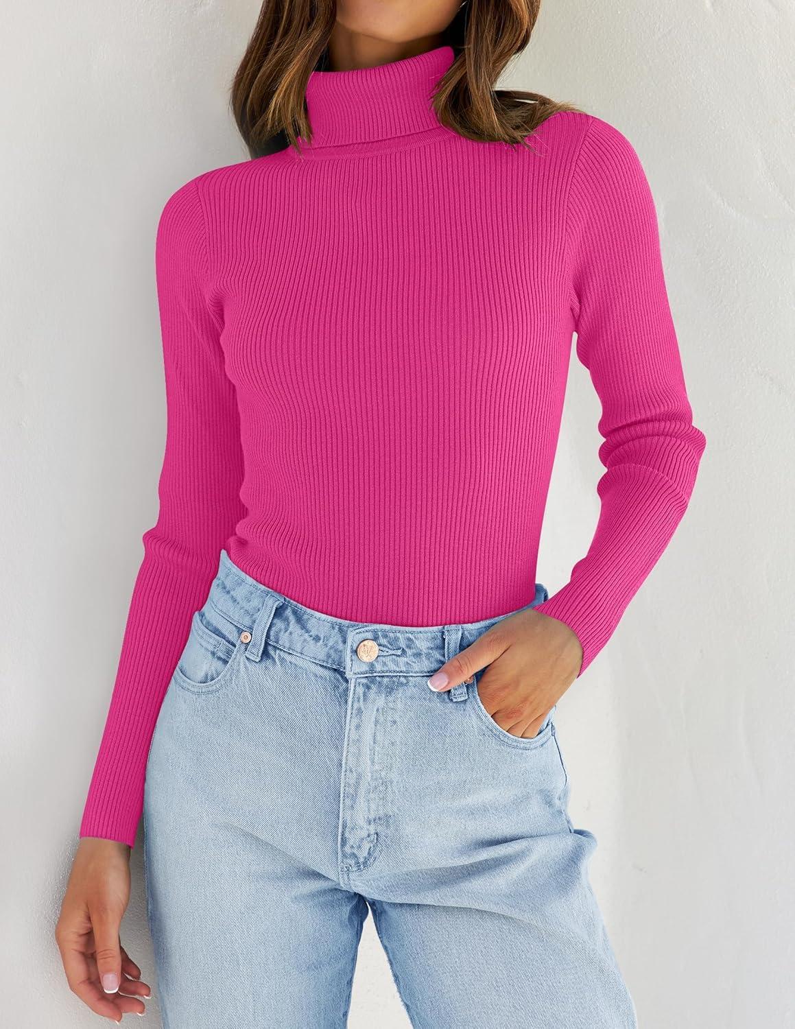 imageZESICA Womens Turtleneck Long Sleeve Shirts 2025 Fall Trendy Tops Slim Fitted Ribbed Knit Basic Casual SweaterRose