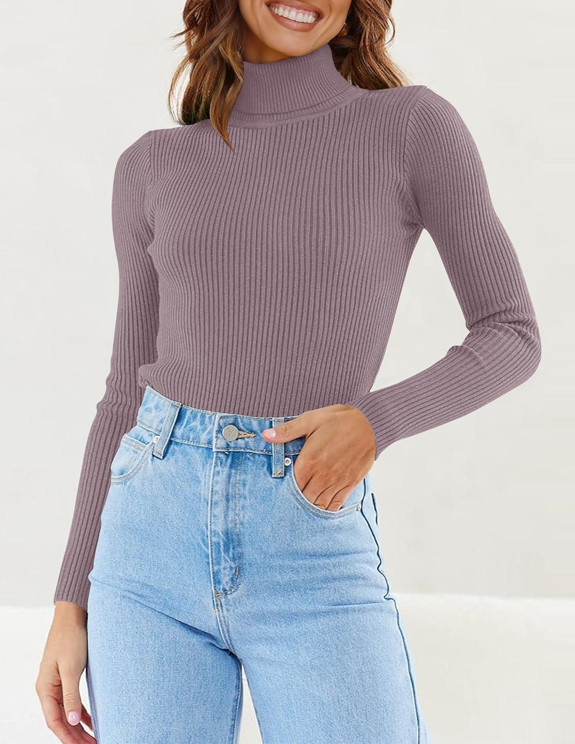 imageZESICA Womens Turtleneck Long Sleeve Shirts 2025 Fall Trendy Tops Slim Fitted Ribbed Knit Basic Casual SweaterTaro