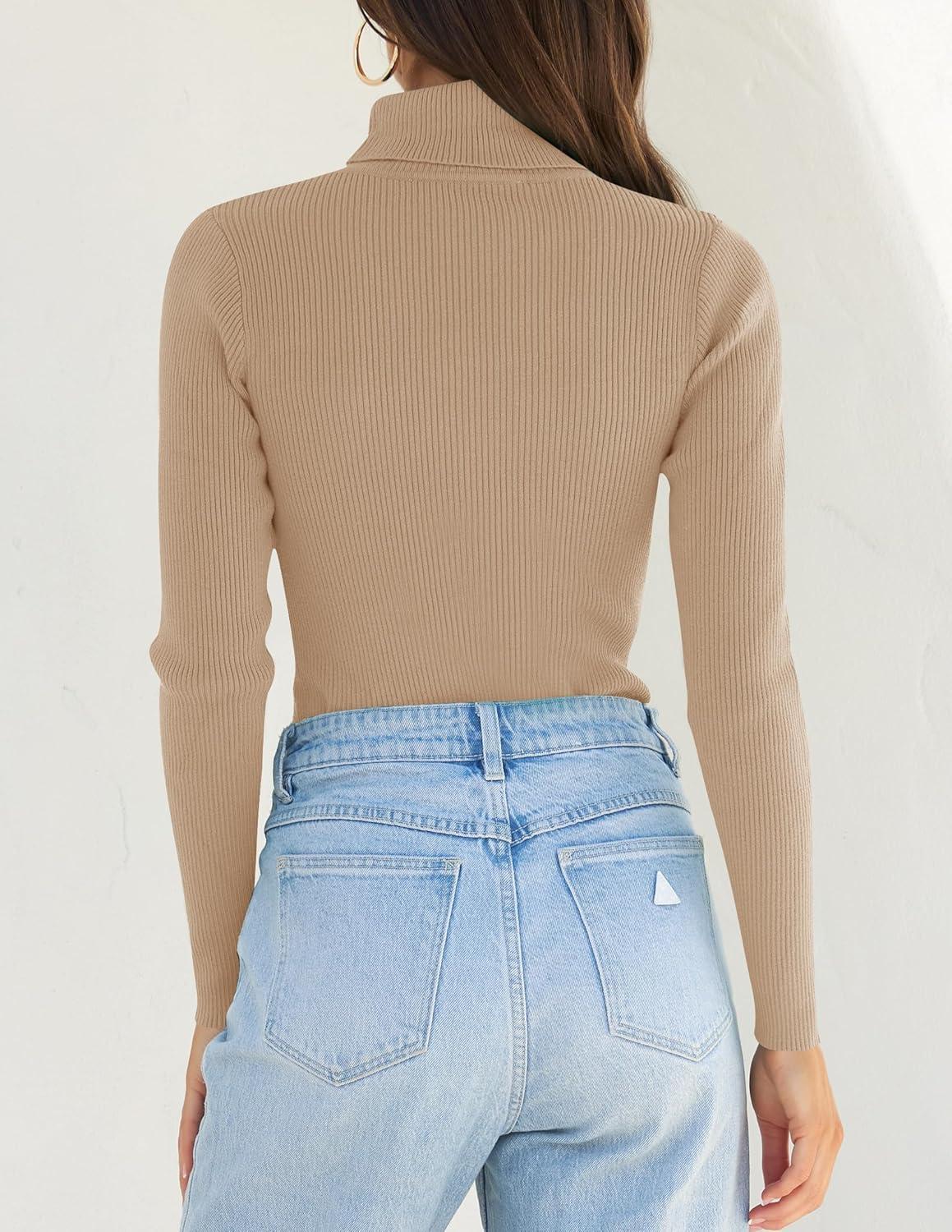 imageZESICA Womens Turtleneck Long Sleeve Shirts 2025 Fall Trendy Tops Slim Fitted Ribbed Knit Basic Casual SweaterToffee