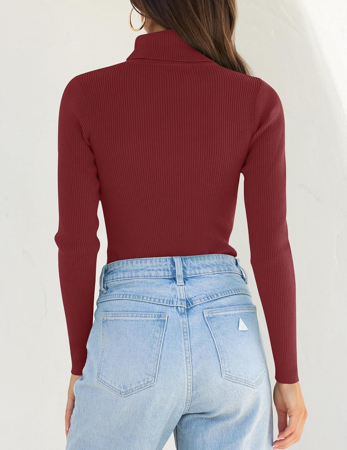 imageZESICA Womens Turtleneck Long Sleeve Shirts 2025 Fall Trendy Tops Slim Fitted Ribbed Knit Basic Casual SweaterWine