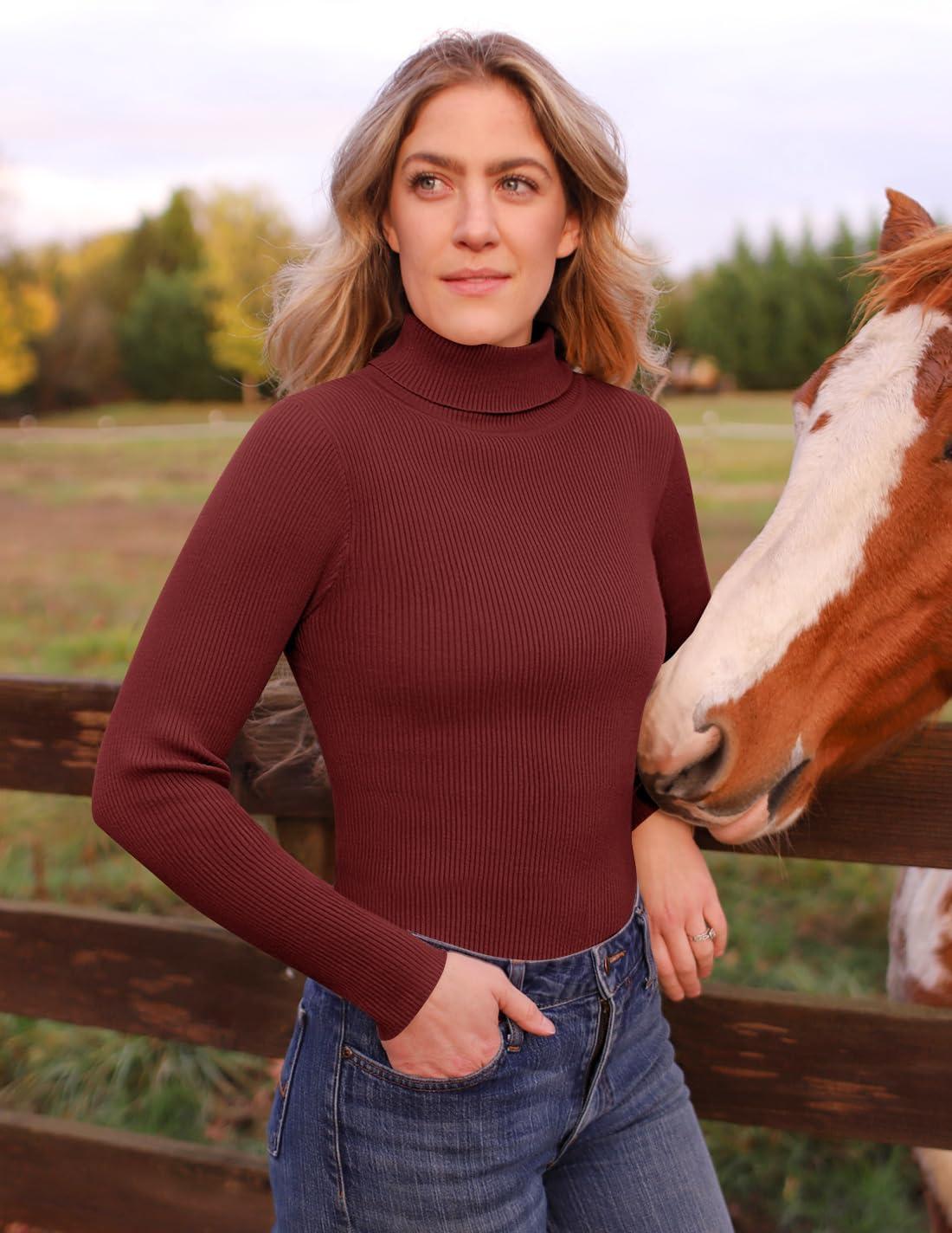 imageZESICA Womens Turtleneck Long Sleeve Shirts 2025 Fall Trendy Tops Slim Fitted Ribbed Knit Basic Casual SweaterWine