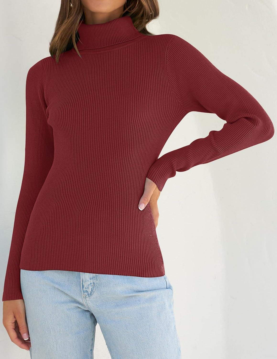 imageZESICA Womens Turtleneck Long Sleeve Shirts 2025 Fall Trendy Tops Slim Fitted Ribbed Knit Basic Casual SweaterWine