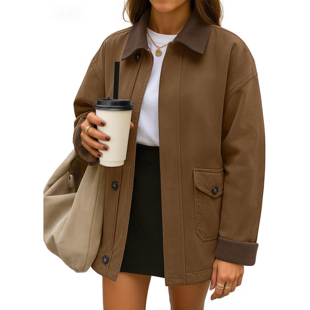 imageZESICA Womens Trendy Lightweight Oversized Barn Jackets 2025 fall Fashion Contrast Collar Zip Up Cargo Cotton Casual CoatBrown