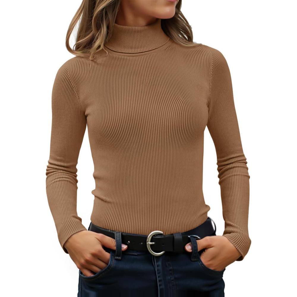 imageZESICA Womens Turtleneck Long Sleeve Shirts 2025 Fall Trendy Tops Slim Fitted Ribbed Knit Basic Casual SweaterBrown
