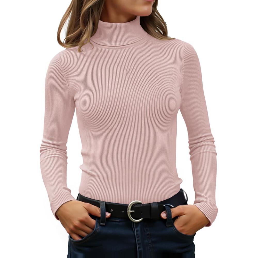 imageZESICA Womens Turtleneck Long Sleeve Shirts 2025 Fall Trendy Tops Slim Fitted Ribbed Knit Basic Casual SweaterDustypink