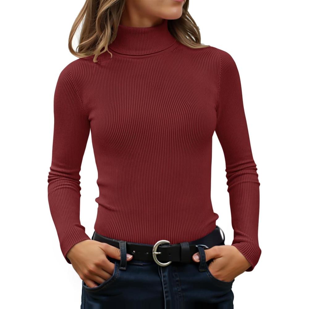 imageZESICA Womens Turtleneck Long Sleeve Shirts 2025 Fall Trendy Tops Slim Fitted Ribbed Knit Basic Casual SweaterWine