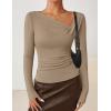 imageZESICA Womens Long Sleeve Asymmetrical Neck Ruched Slim Fit Shirts 2025 Fall Fashion Casual Tee Going Out TopsKhaki