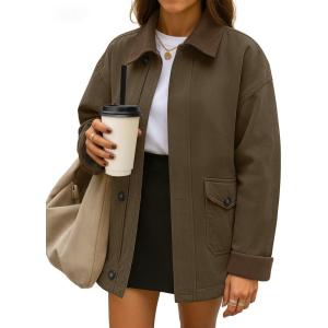 imageZESICA Womens Trendy Lightweight Oversized Barn Jackets 2025 fall Fashion Contrast Collar Zip Up Cargo Cotton Casual CoatCoffee