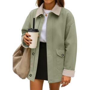 imageZESICA Womens Trendy Lightweight Oversized Barn Jackets 2025 fall Fashion Contrast Collar Zip Up Cargo Cotton Casual CoatLight Green