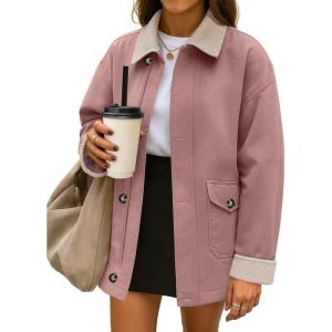 imageZESICA Womens Trendy Lightweight Oversized Barn Jackets 2025 fall Fashion Contrast Collar Zip Up Cargo Cotton Casual CoatPink