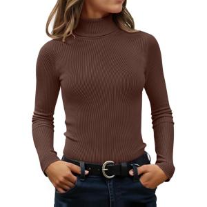 imageZESICA Womens Turtleneck Long Sleeve Shirts 2025 Fall Trendy Tops Slim Fitted Ribbed Knit Basic Casual SweaterCoffee
