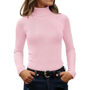 imageZESICA Womens Turtleneck Long Sleeve Shirts 2025 Fall Trendy Tops Slim Fitted Ribbed Knit Basic Casual SweaterPink