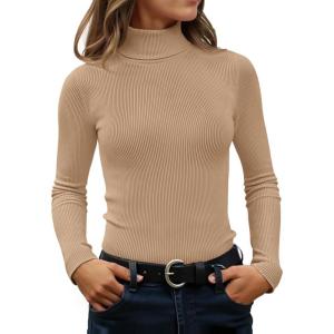imageZESICA Womens Turtleneck Long Sleeve Shirts 2025 Fall Trendy Tops Slim Fitted Ribbed Knit Basic Casual SweaterToffee