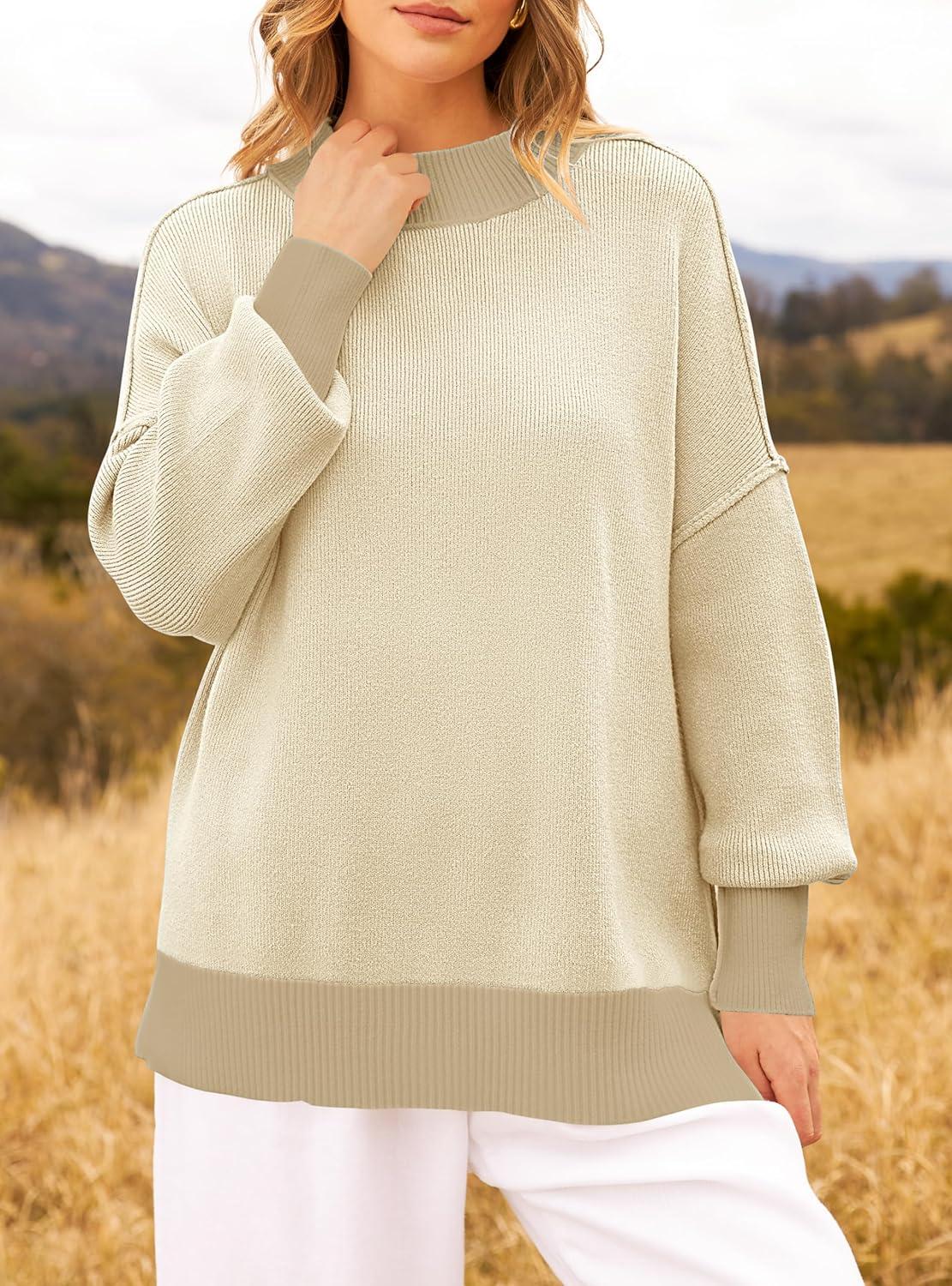 imageZESICA Womens Fall 2025 Oversized Sweaters Long Sleeve Color Block Mock Neck Side Slit Comfy Loose Knitted Pullover TopsApricot