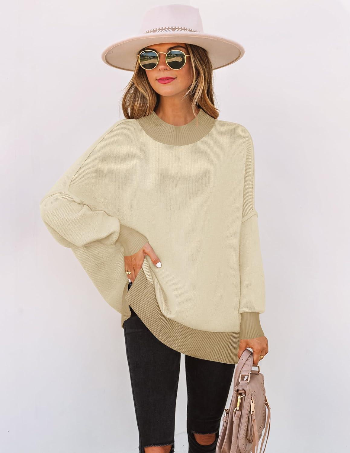 imageZESICA Womens Fall 2025 Oversized Sweaters Long Sleeve Color Block Mock Neck Side Slit Comfy Loose Knitted Pullover TopsApricot