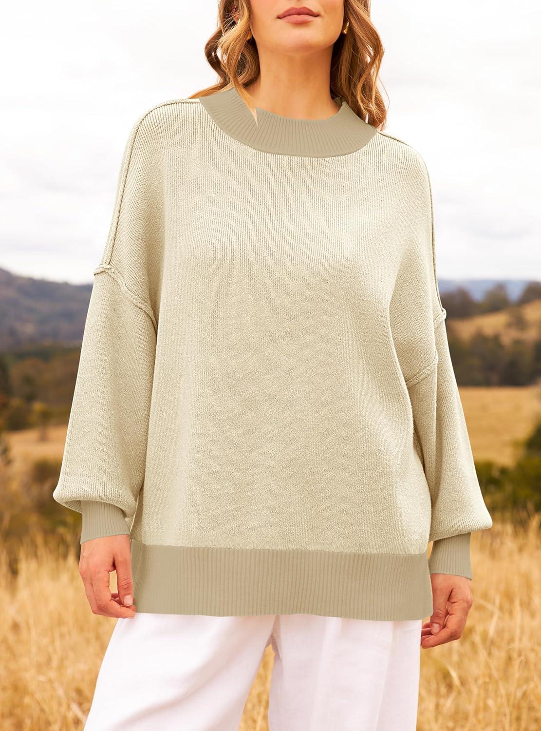 imageZESICA Womens Fall 2025 Oversized Sweaters Long Sleeve Color Block Mock Neck Side Slit Comfy Loose Knitted Pullover TopsApricot