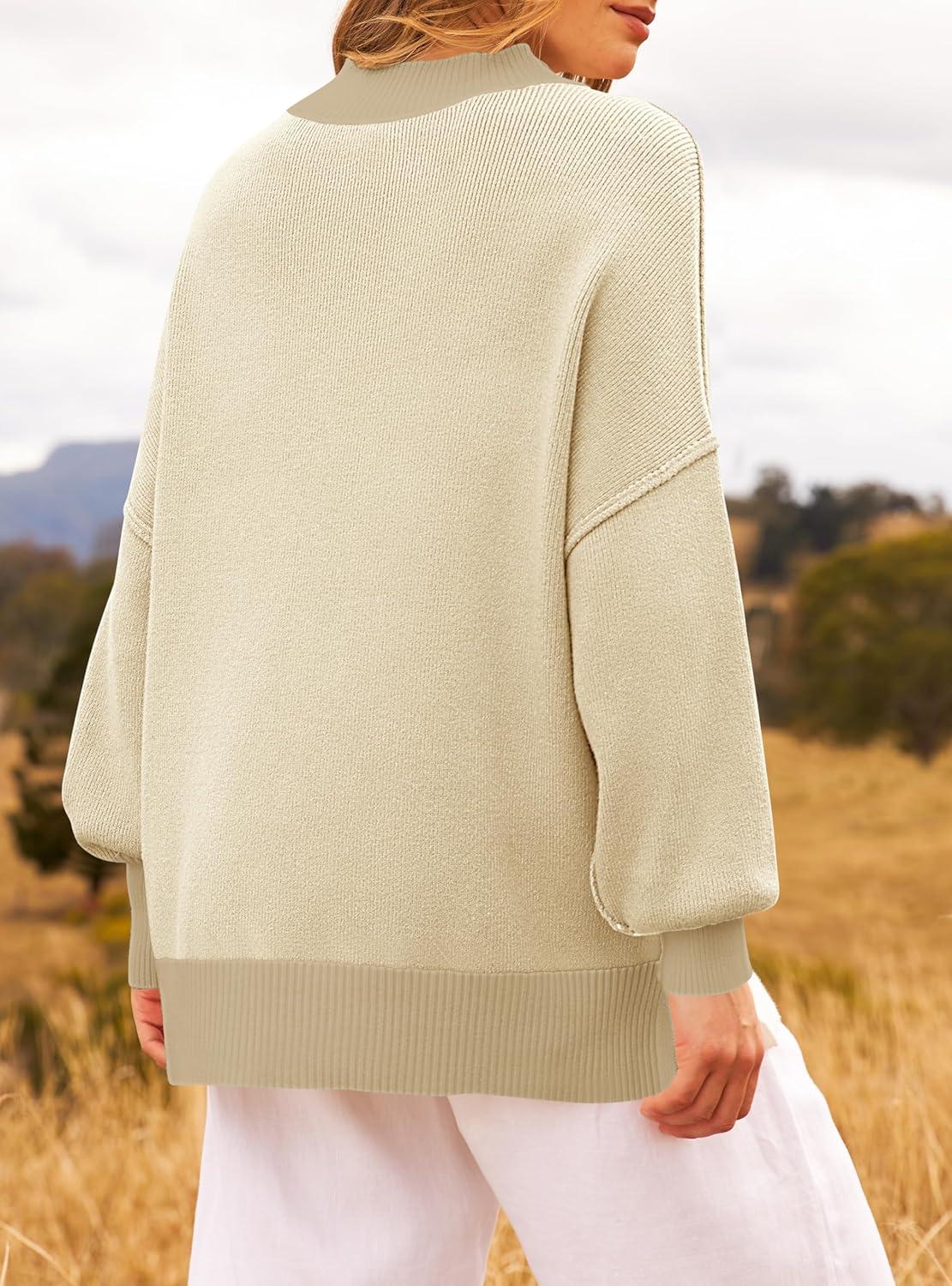 imageZESICA Womens Fall 2025 Oversized Sweaters Long Sleeve Color Block Mock Neck Side Slit Comfy Loose Knitted Pullover TopsApricot