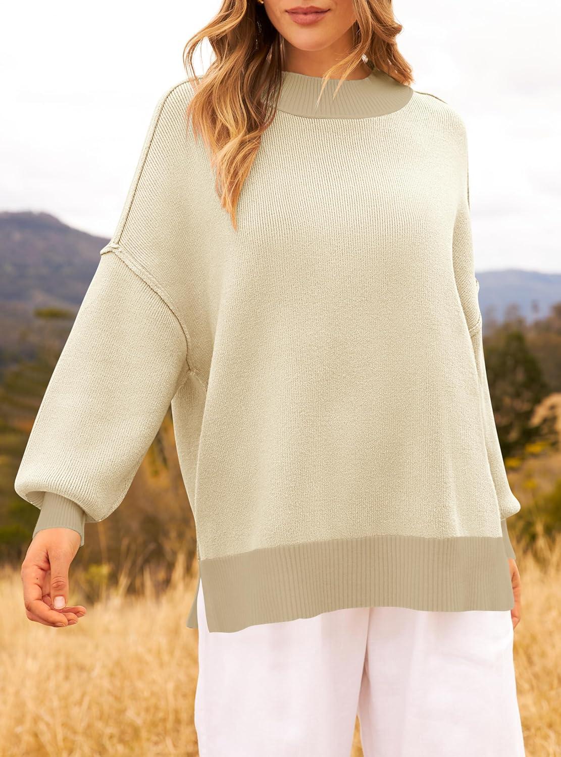 imageZESICA Womens Fall 2025 Oversized Sweaters Long Sleeve Color Block Mock Neck Side Slit Comfy Loose Knitted Pullover TopsApricot