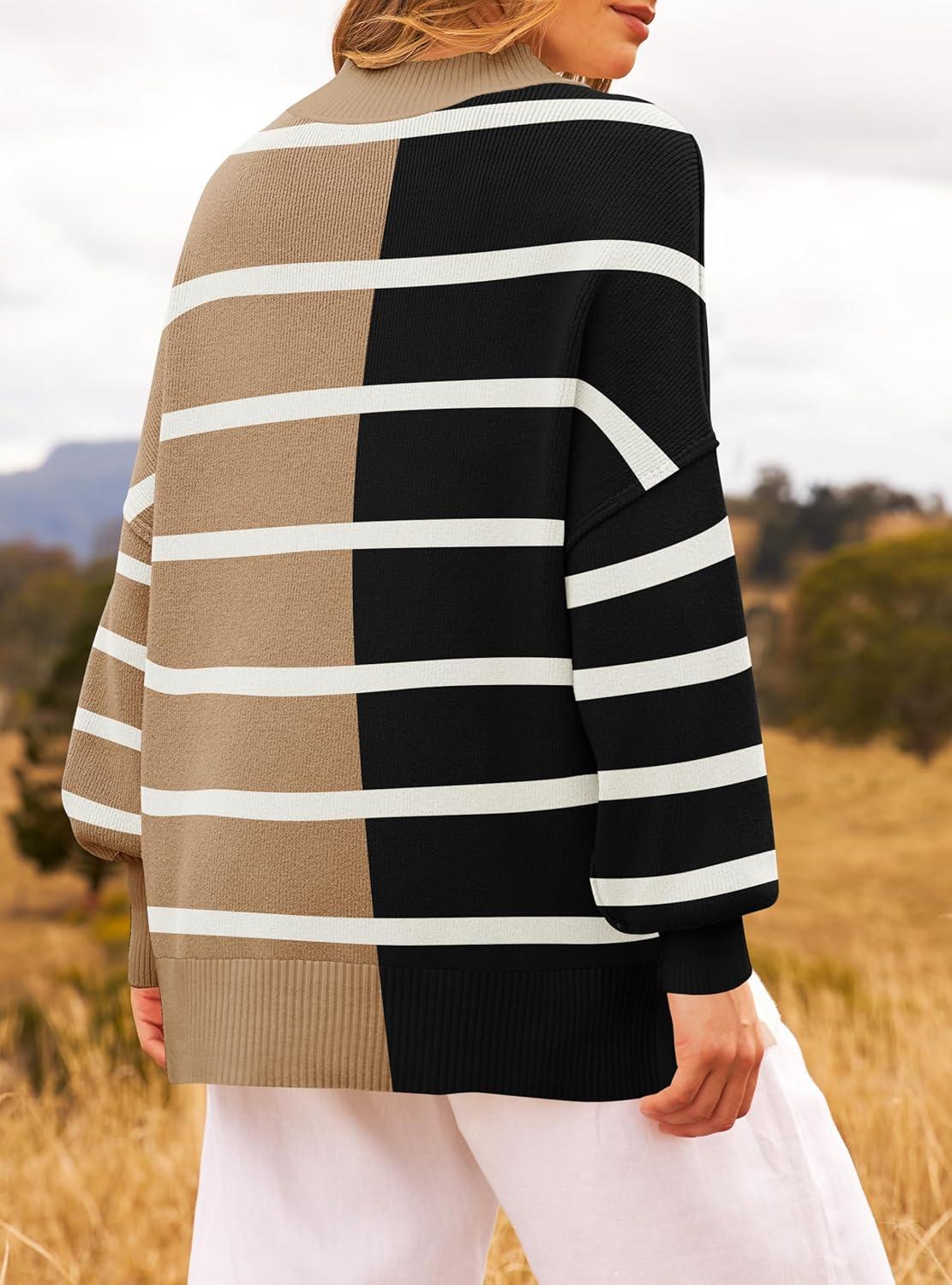 imageZESICA Womens Fall 2025 Oversized Sweaters Long Sleeve Color Block Mock Neck Side Slit Comfy Loose Knitted Pullover TopsCamel