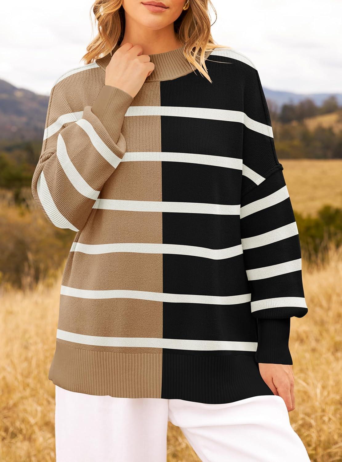 imageZESICA Womens Fall 2025 Oversized Sweaters Long Sleeve Color Block Mock Neck Side Slit Comfy Loose Knitted Pullover TopsCamel