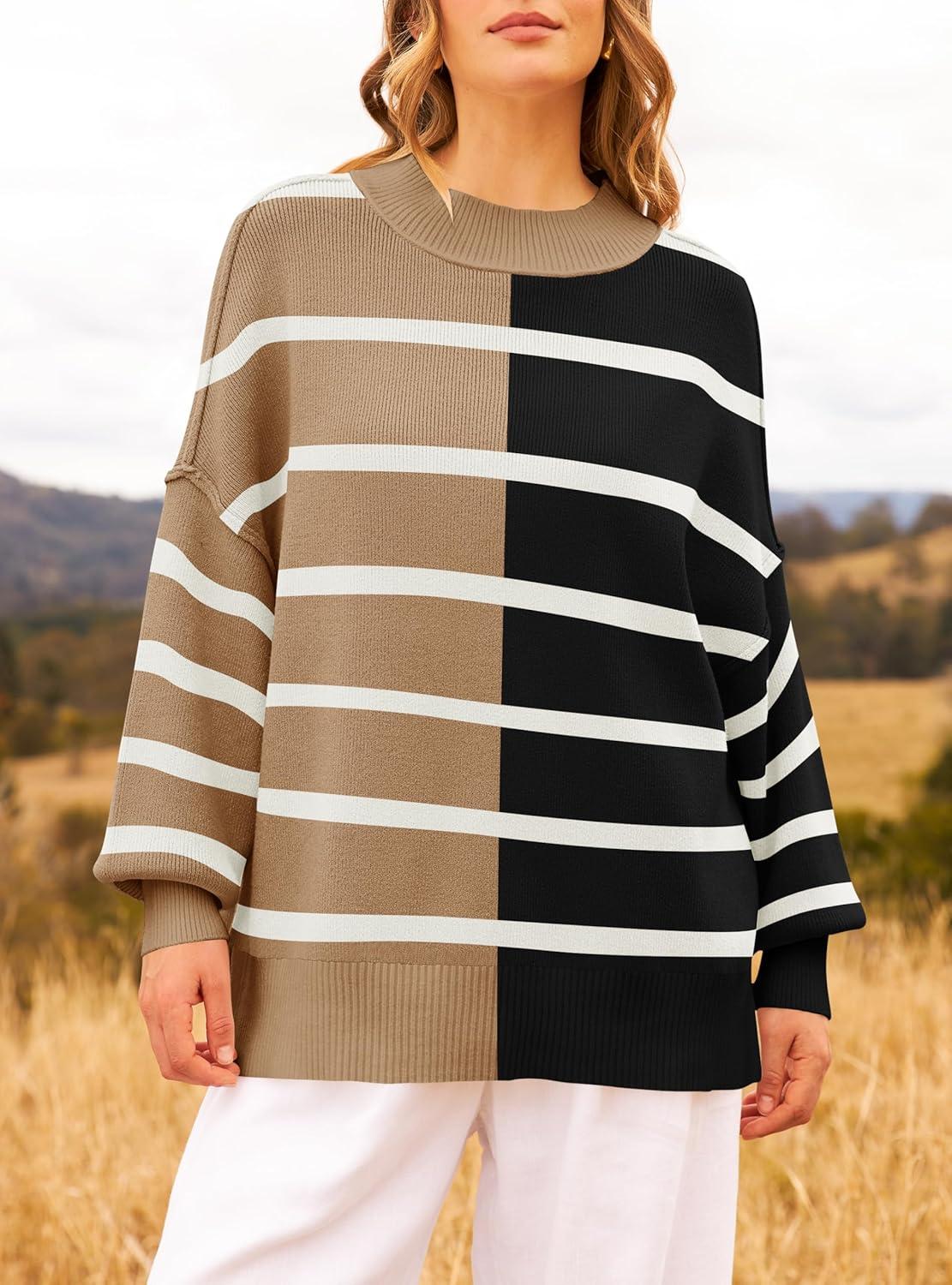 imageZESICA Womens Fall 2025 Oversized Sweaters Long Sleeve Color Block Mock Neck Side Slit Comfy Loose Knitted Pullover TopsCamel
