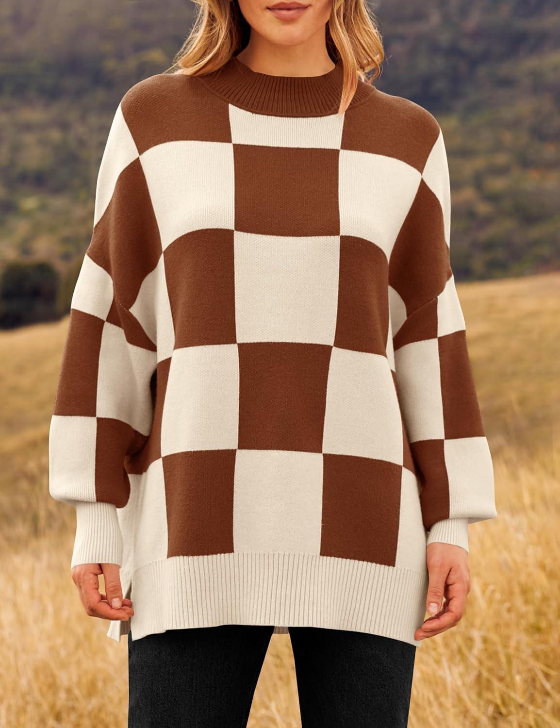 imageZESICA Womens Fall 2025 Oversized Sweaters Long Sleeve Color Block Mock Neck Side Slit Comfy Loose Knitted Pullover TopsCaramel