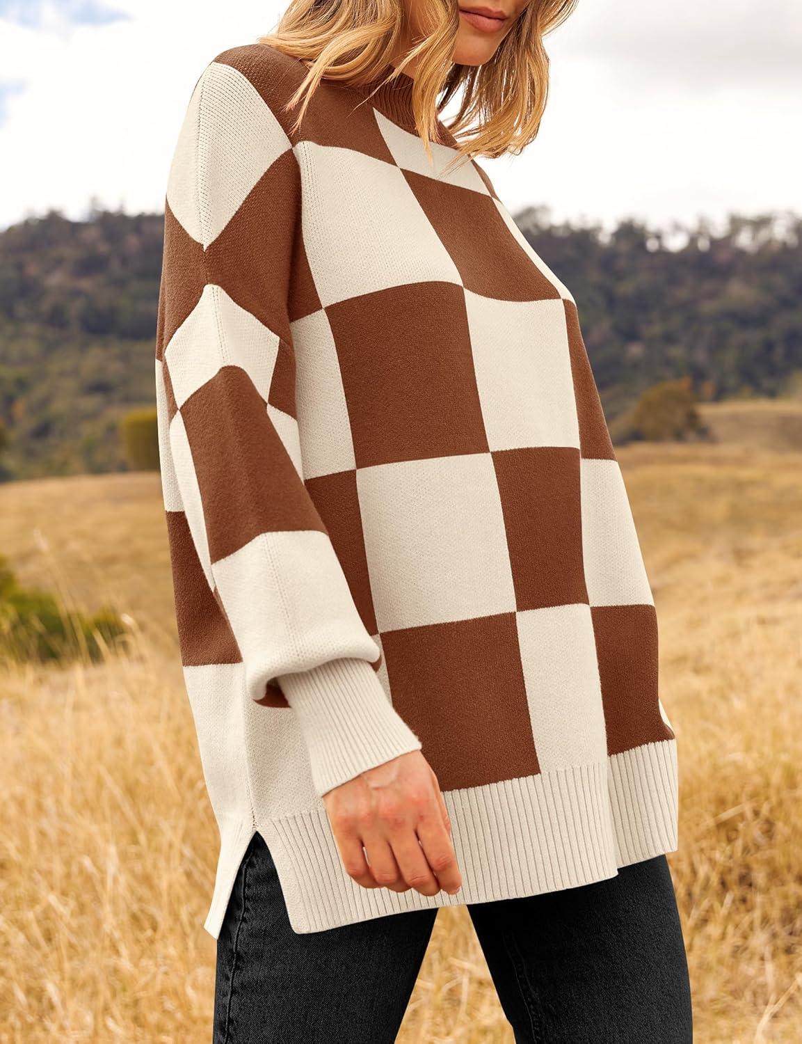 imageZESICA Womens Fall 2025 Oversized Sweaters Long Sleeve Color Block Mock Neck Side Slit Comfy Loose Knitted Pullover TopsCaramel