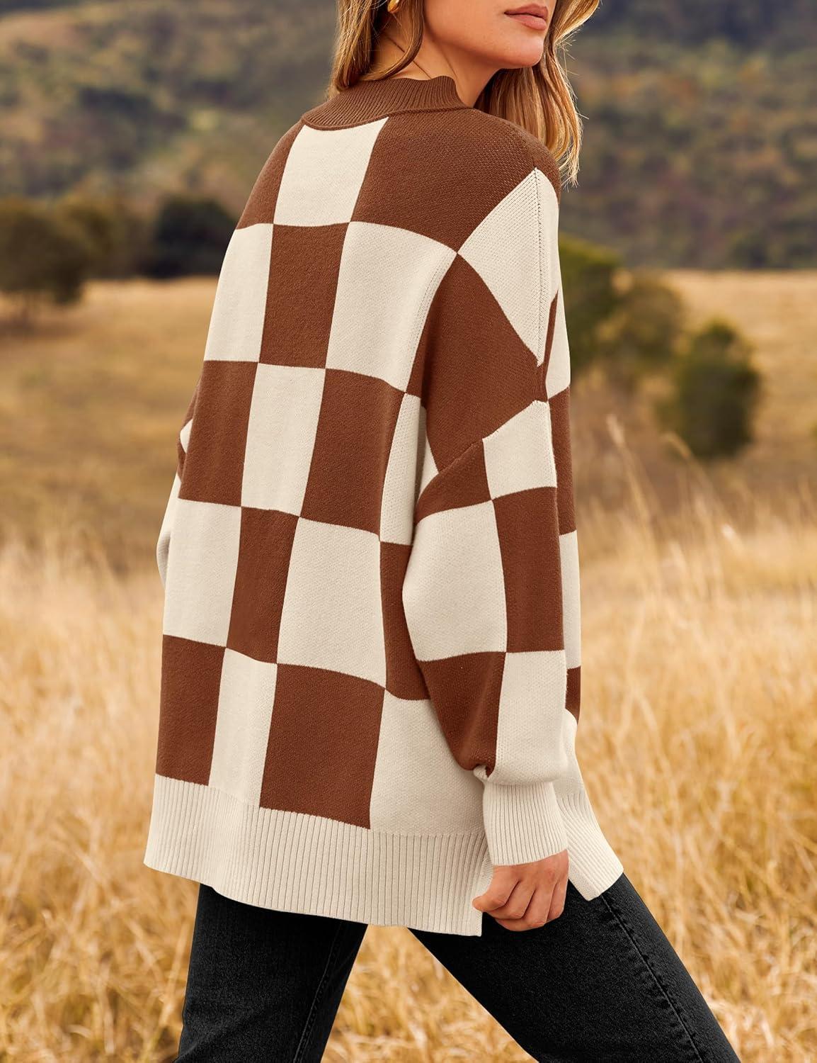 imageZESICA Womens Fall 2025 Oversized Sweaters Long Sleeve Color Block Mock Neck Side Slit Comfy Loose Knitted Pullover TopsCaramel