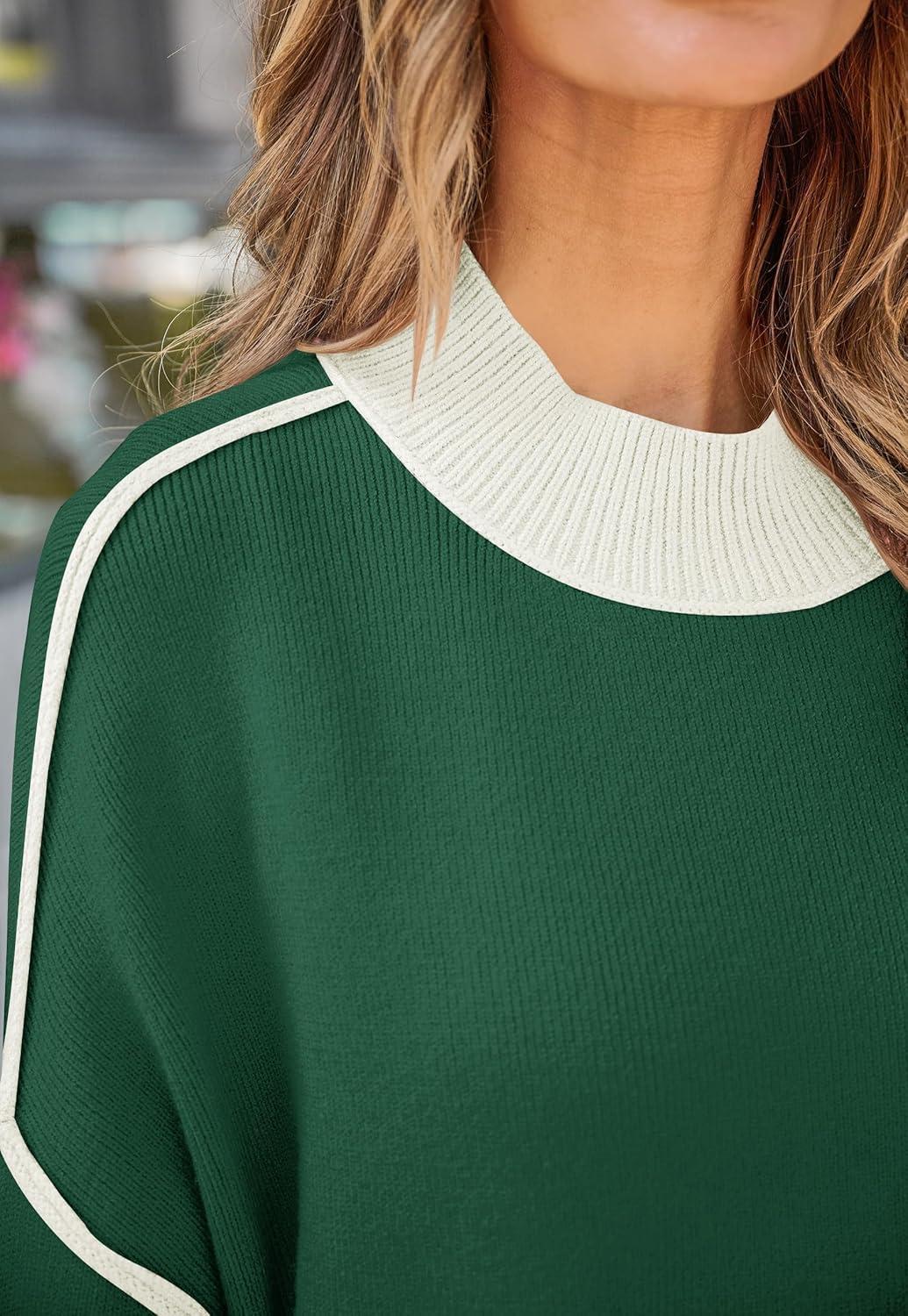 imageZESICA Womens Fall 2025 Oversized Sweaters Long Sleeve Color Block Mock Neck Side Slit Comfy Loose Knitted Pullover TopsDark Green
