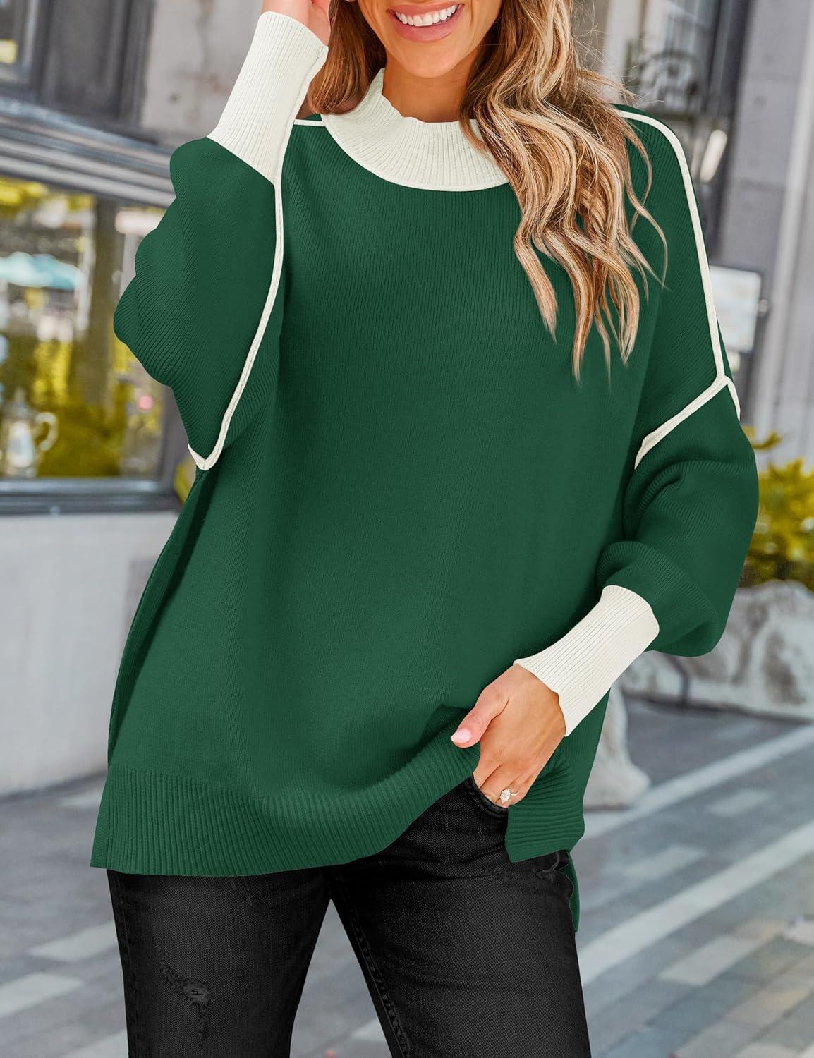 imageZESICA Womens Fall 2025 Oversized Sweaters Long Sleeve Color Block Mock Neck Side Slit Comfy Loose Knitted Pullover TopsDark Green
