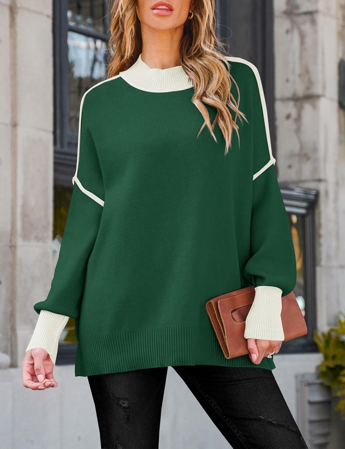 imageZESICA Womens Fall 2025 Oversized Sweaters Long Sleeve Color Block Mock Neck Side Slit Comfy Loose Knitted Pullover TopsDark Green