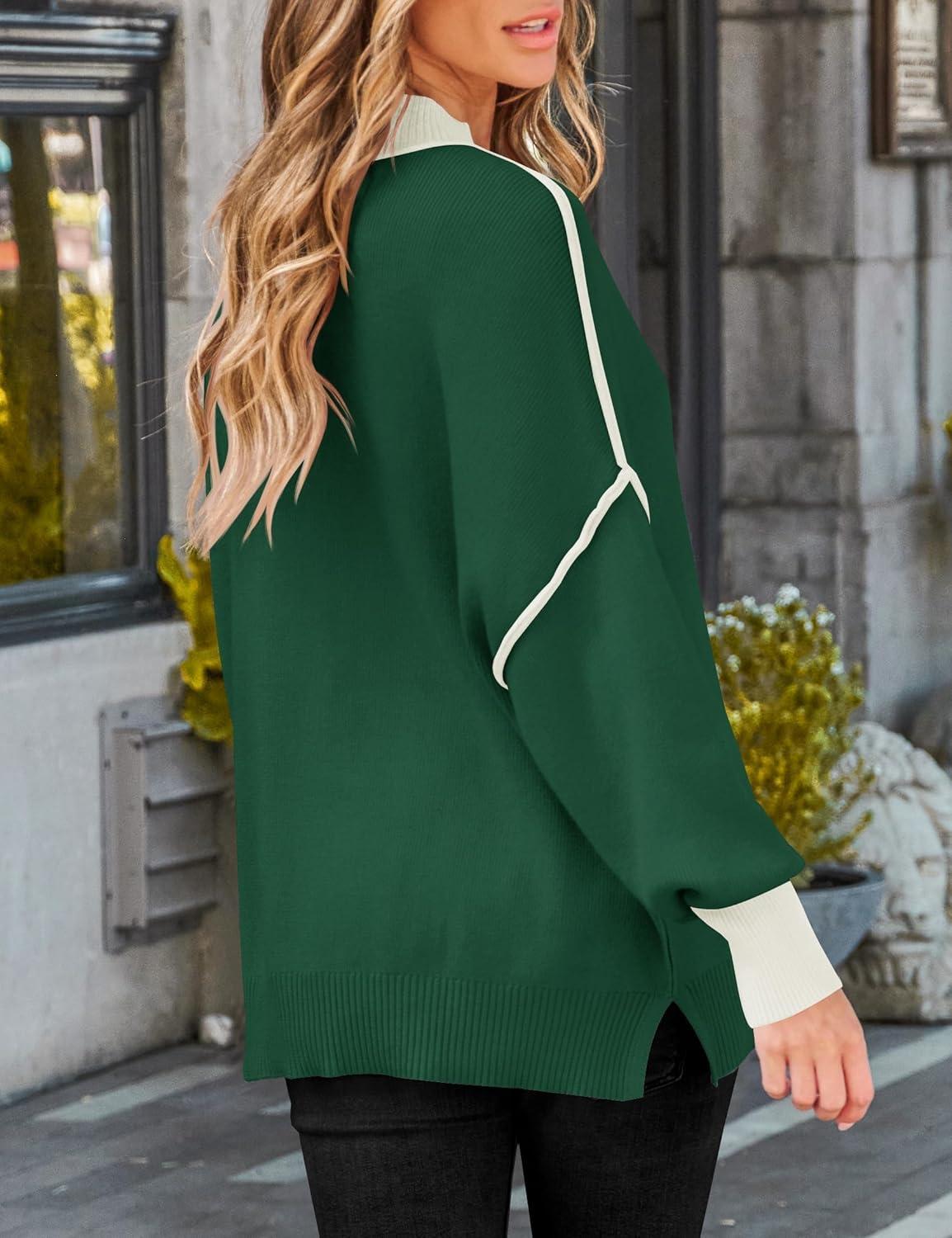 imageZESICA Womens Fall 2025 Oversized Sweaters Long Sleeve Color Block Mock Neck Side Slit Comfy Loose Knitted Pullover TopsDark Green