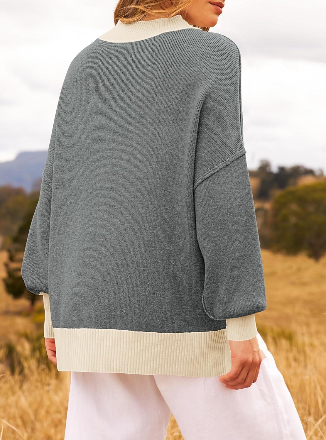 imageZESICA Womens Fall 2025 Oversized Sweaters Long Sleeve Color Block Mock Neck Side Slit Comfy Loose Knitted Pullover TopsDark Grey