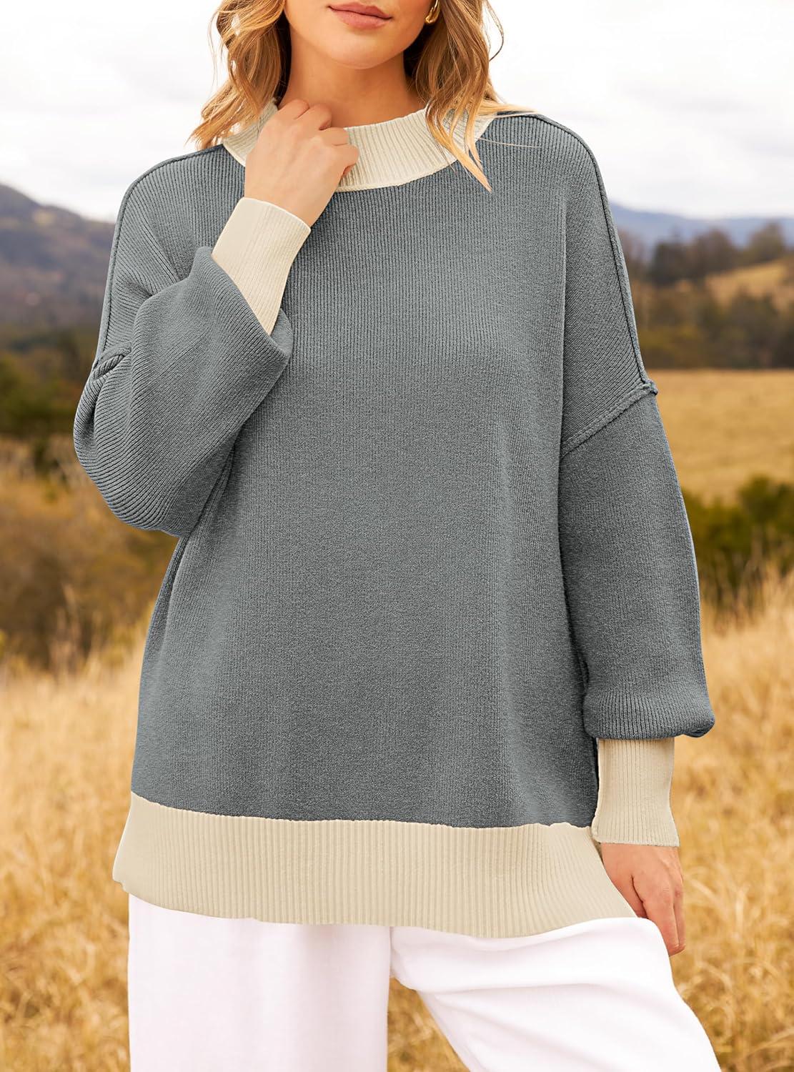 imageZESICA Womens Fall 2025 Oversized Sweaters Long Sleeve Color Block Mock Neck Side Slit Comfy Loose Knitted Pullover TopsDark Grey