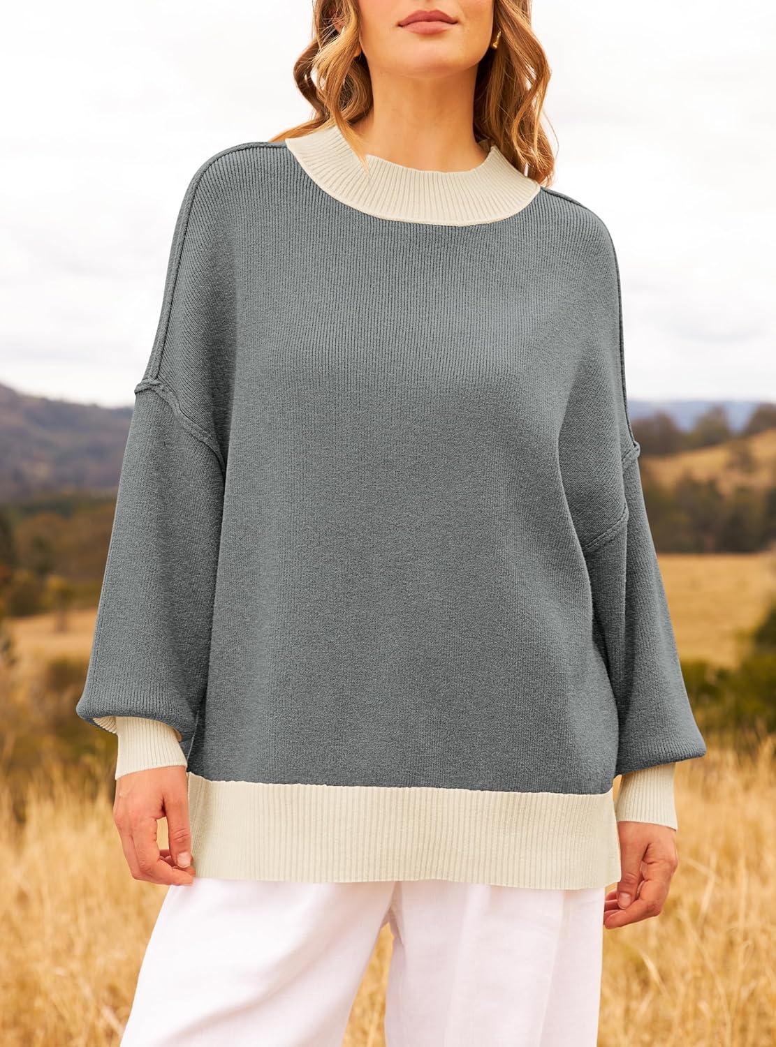 imageZESICA Womens Fall 2025 Oversized Sweaters Long Sleeve Color Block Mock Neck Side Slit Comfy Loose Knitted Pullover TopsDark Grey