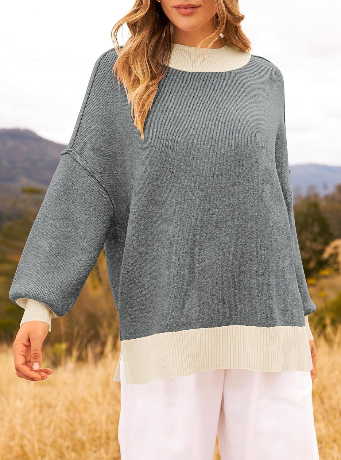 imageZESICA Womens Fall 2025 Oversized Sweaters Long Sleeve Color Block Mock Neck Side Slit Comfy Loose Knitted Pullover TopsDark Grey