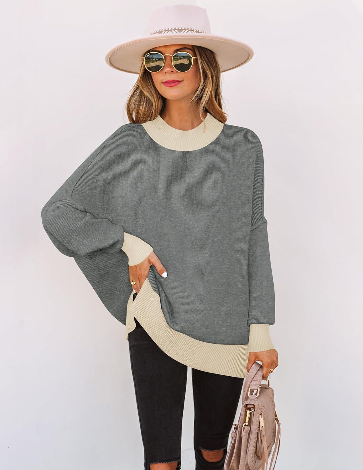 imageZESICA Womens Fall 2025 Oversized Sweaters Long Sleeve Color Block Mock Neck Side Slit Comfy Loose Knitted Pullover TopsDark Grey